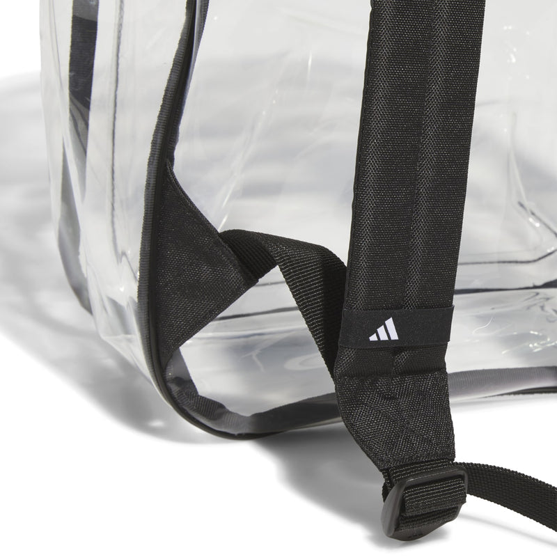 Clear backpack with black webbing shoulder strap and reinforced stitching