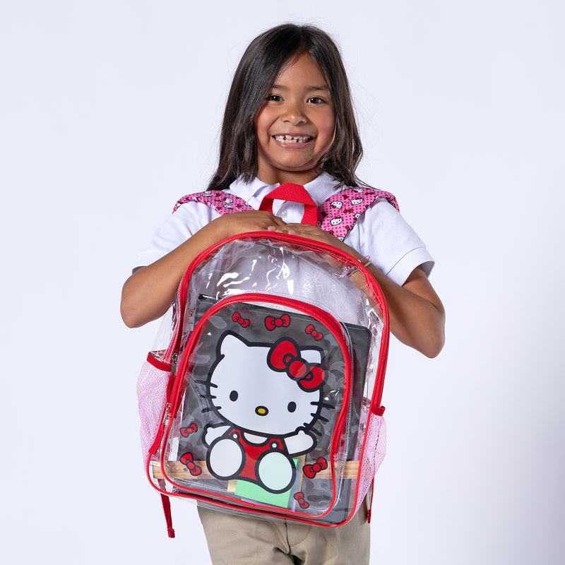 Transparent Hello Kitty backpack with red trim, worn by child, front print and side straps