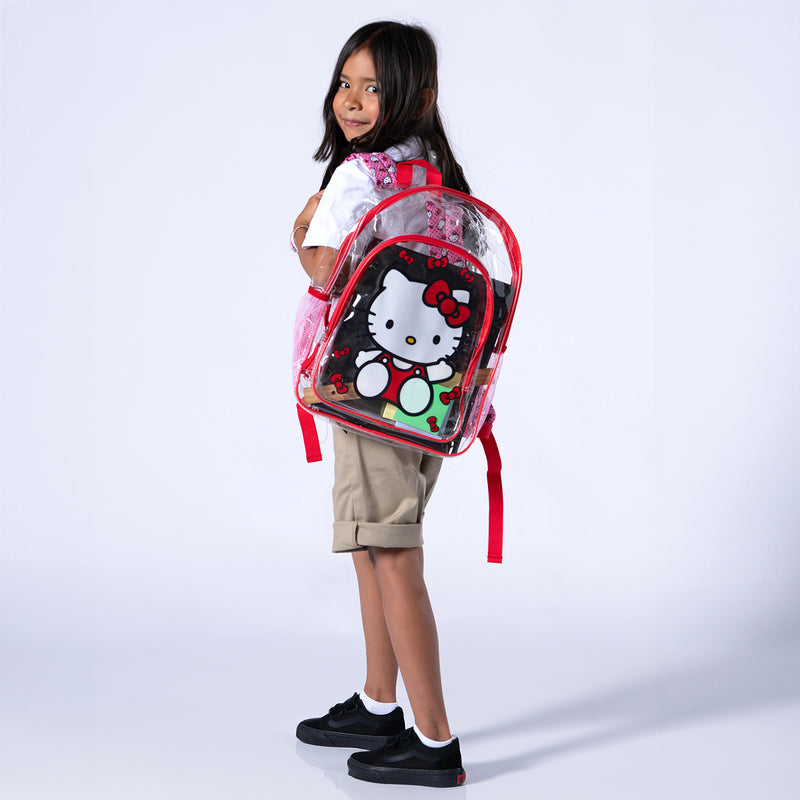 Transparent red-trim Hello Kitty backpack, side view with front graphic and adjustable straps