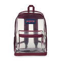 Jansport clear backpack with maroon trim and front zipper pocket