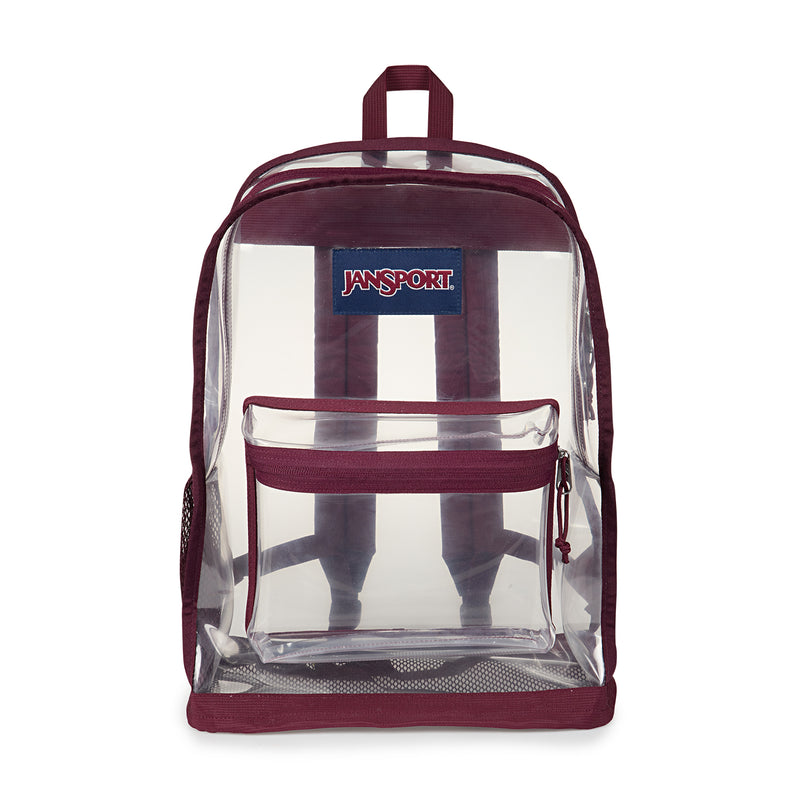 Jansport clear backpack with maroon trim and front zipper pocket