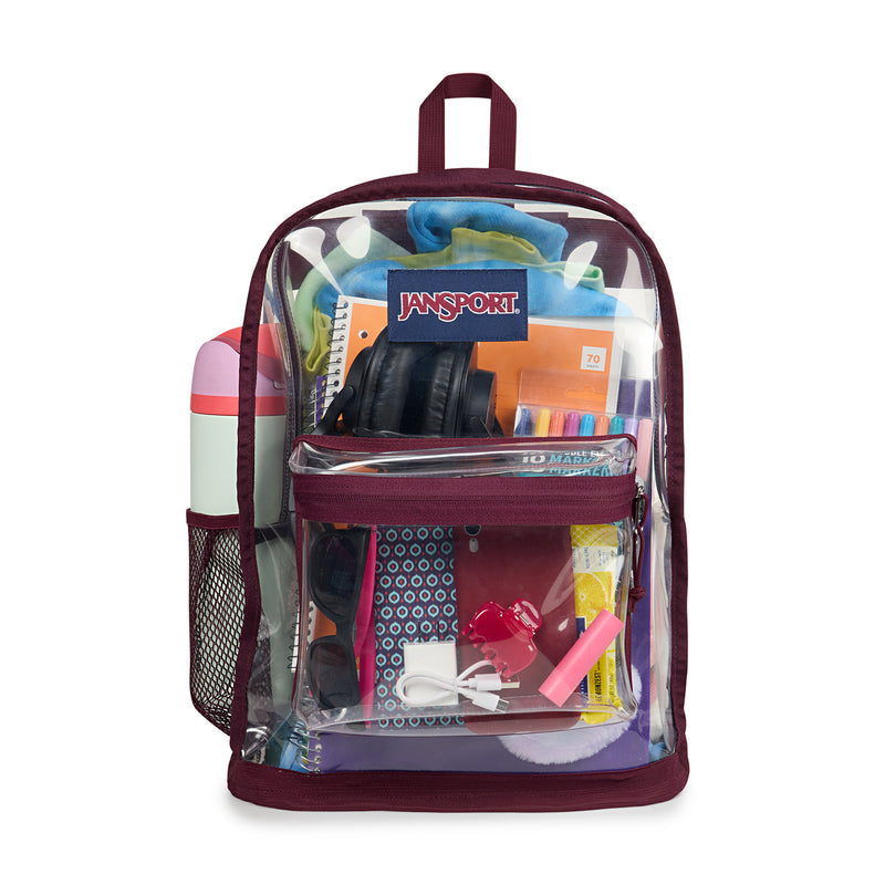 Jansport clear backpack with maroon trim, front organizer pouch, and side mesh