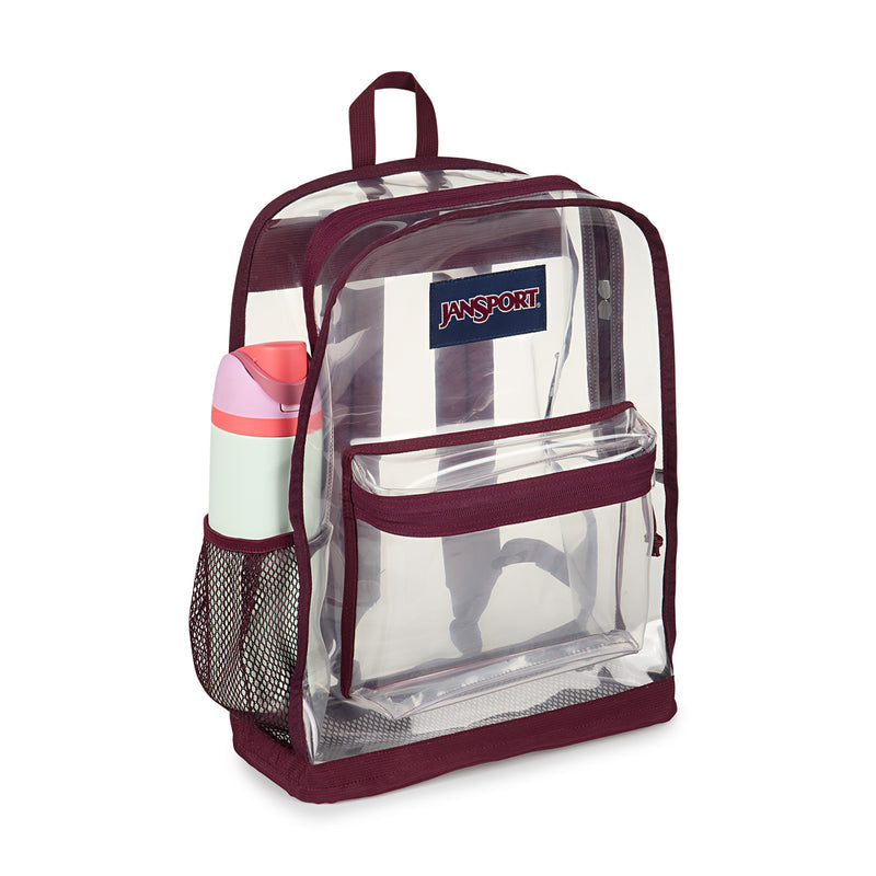 Jansport clear backpack with maroon trim, top handle, and mesh side pocket