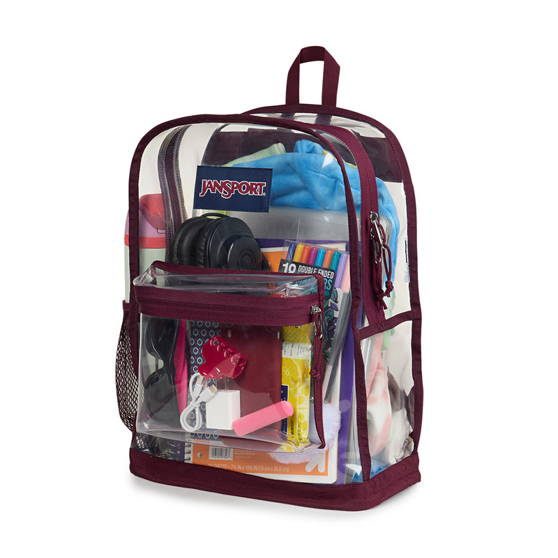 Jansport clear backpack with maroon trim, front zipper pocket, and shoulder straps