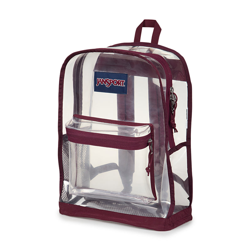 Jansport clear backpack with maroon trim and front zippered pouch, side view