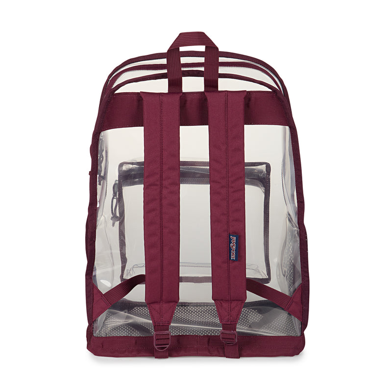 Jansport clear backpack with maroon back straps and padded bottom panel