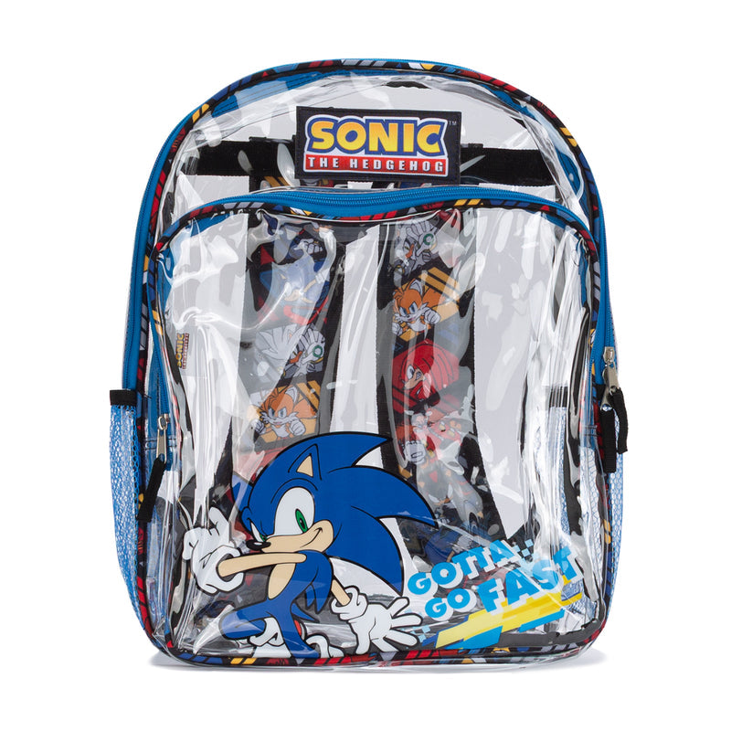 Clear Sonic the Hedgehog backpack with blue trim and character graphics, zip front