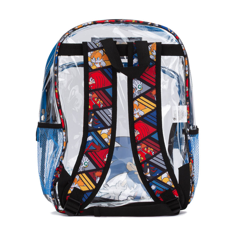 Clear backpack with blue side straps, black adjustable straps, colorful Sonic panels
