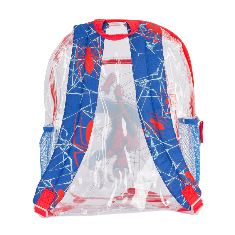 Clear Spider-Man backpack with blue mesh straps and red web pattern back