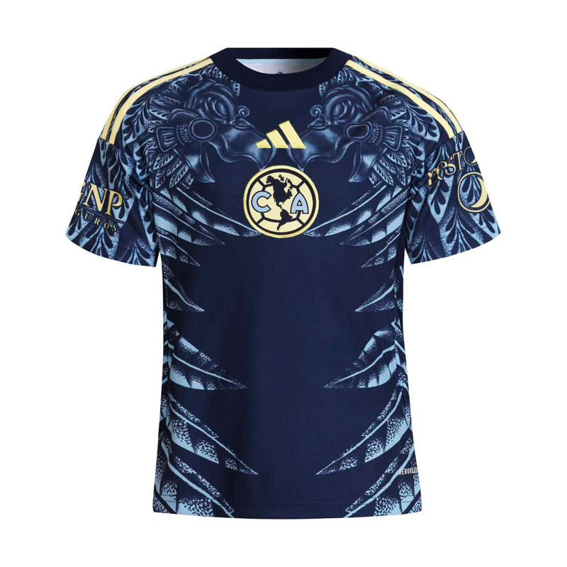 Youth Club America away jersey, navy with large crest graphic and gold accents