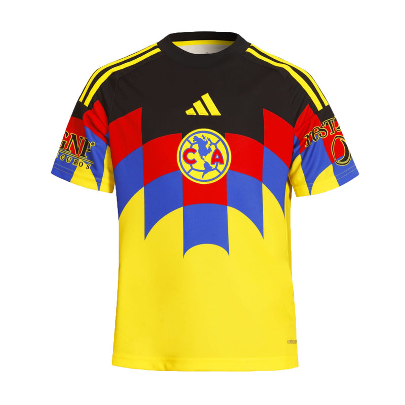 Youth home soccer jersey with black, blue, red and yellow graphic panels