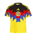 Youth home soccer jersey with black, blue, red and yellow graphic panels