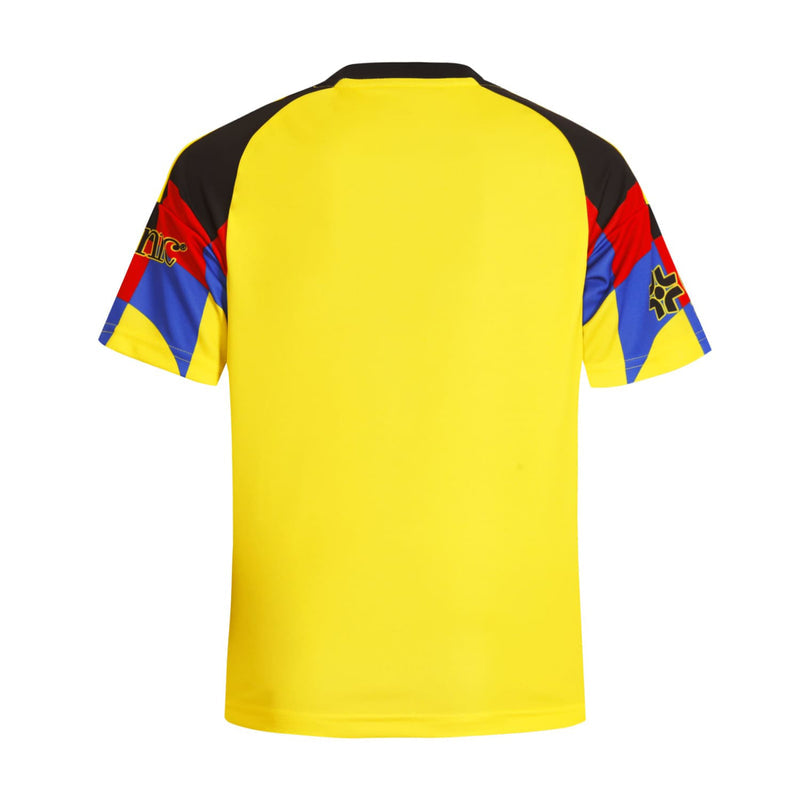 Youth home soccer jersey with yellow back, black shoulders, blue and red cuffs