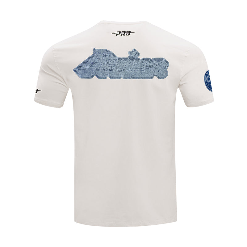 Men's eggshell allegiance tee, back view with blue Aguigulas-style graphic