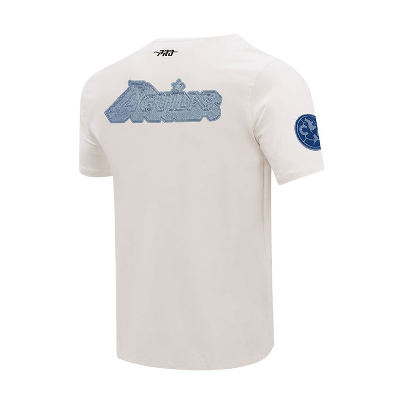 Men's eggshell allegiance tee, back view with blue Aguigulas graphic and sleeve patch
