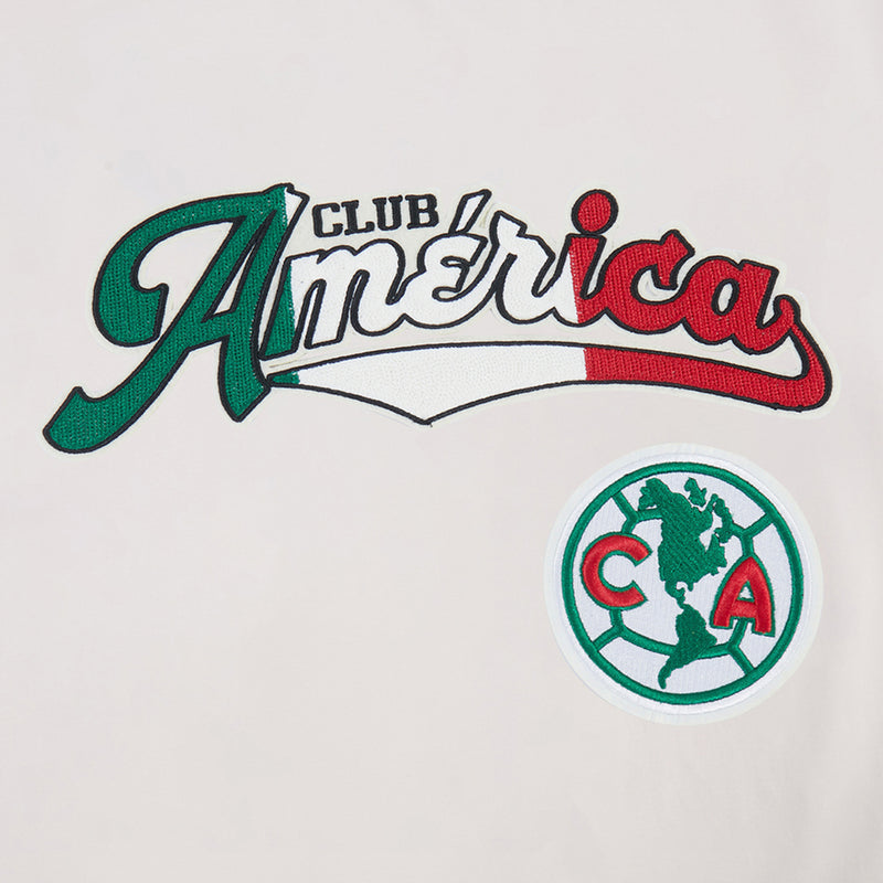 Eggshell allegiance tee close-up, Club America script and C.A. crest