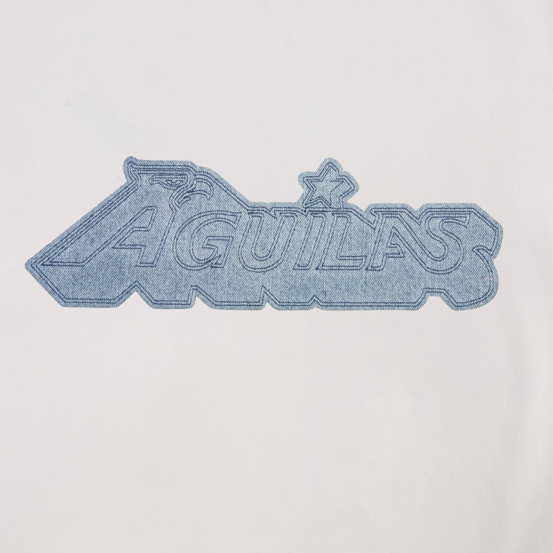 Eggshell allegiance tee close-up, embroidered Aguigulas blue back logo