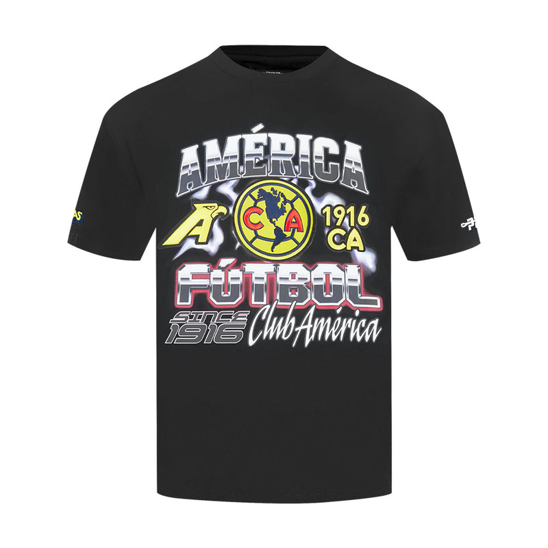 Black men's graphic soccer T-shirt with large Club America logo and Futbol print