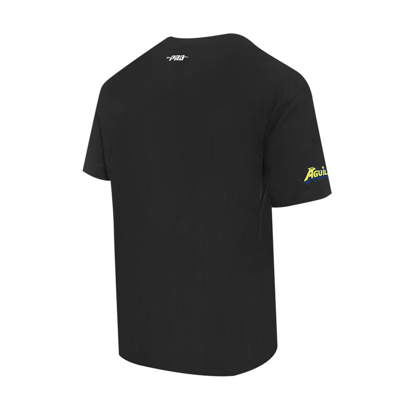 Black men's soccer T-shirt with small back label and yellow side sleeve logo