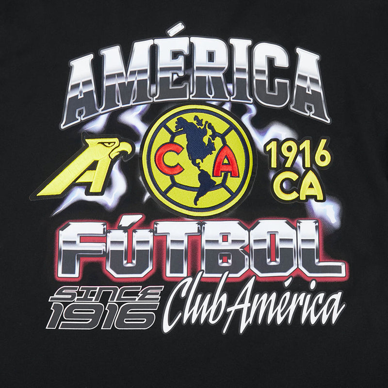Black men's soccer T-shirt close-up: Club America crest and Futbol 1916 CA graphic