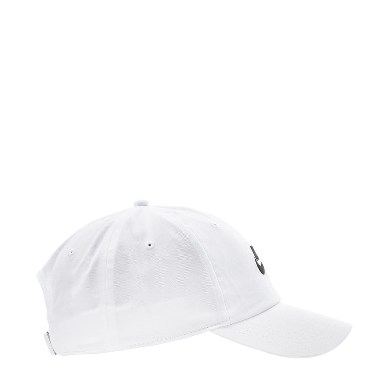 White Nike strapback cap, curved brim, small black swoosh on side