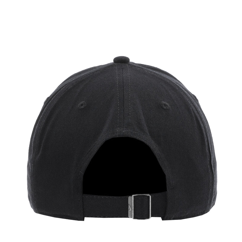 Black strapback cap with adjustable fabric strap and inner opening