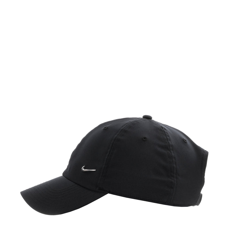 Black Nike Club cap with metallic swoosh, angled side view, curved brim