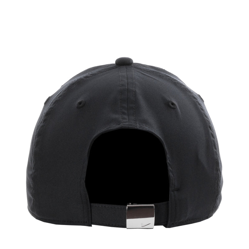 Black Nike Club strapback cap, open back panel with adjustable metal buckle