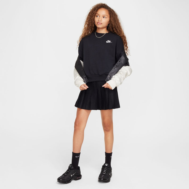 Youth black crewneck sweatshirt with Nike Swoosh logo, relaxed boxy fit