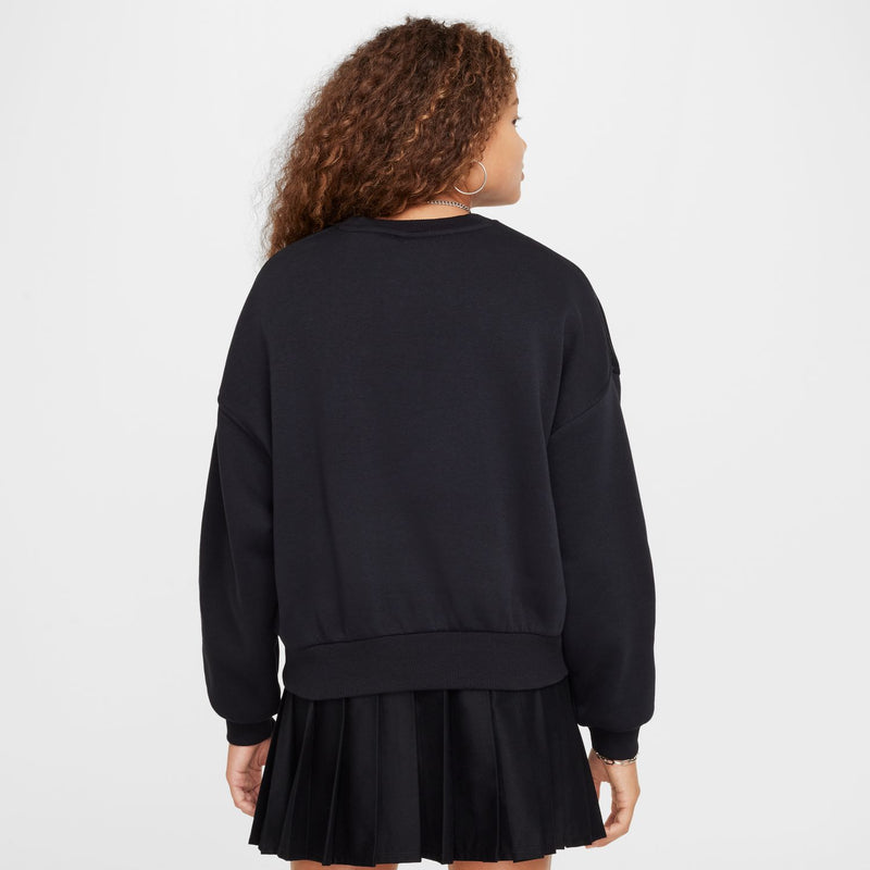 Youth black crewneck sweatshirt back view with ribbed cuffs and hem