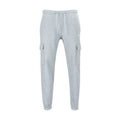 Men's grey heather fleece cargo pants, front view, drawstring waist and side cargo pockets