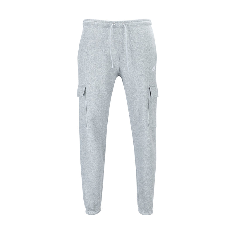 Men's grey heather fleece cargo pants, front view, drawstring waist and side cargo pockets