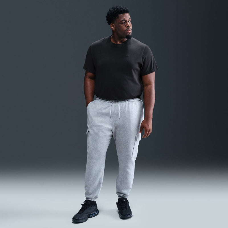Men's grey heather fleece cargo pants with drawstring waist and side cargo pocket detail