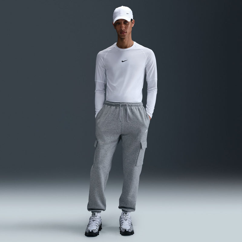 Men's grey heather fleece cargo pants, straight leg with cargo pocket and drawcord waist