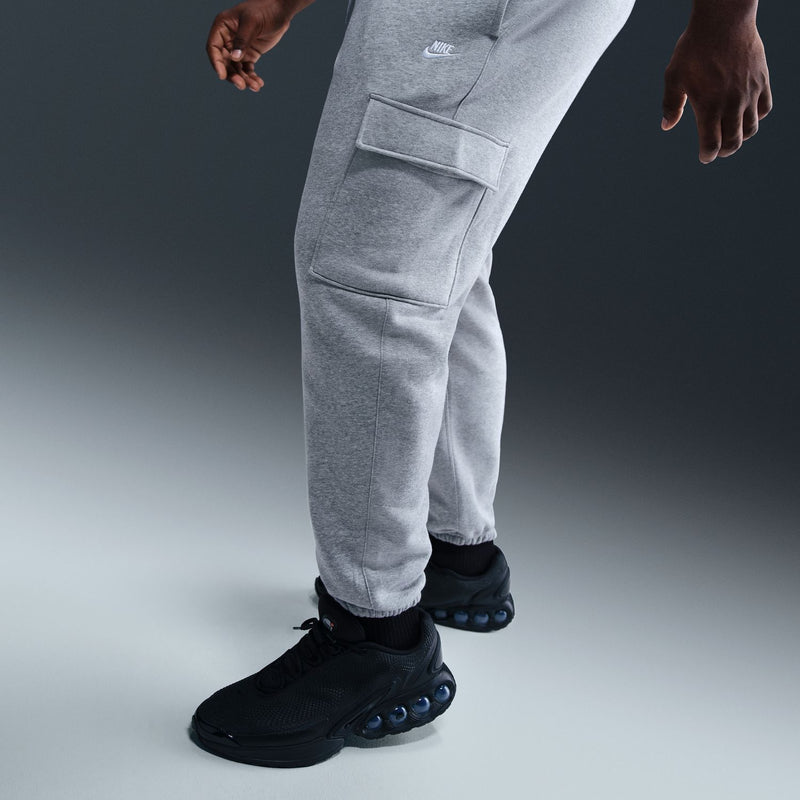 Men's grey heather fleece cargo pants with side cargo pocket and tapered ankle cuffs