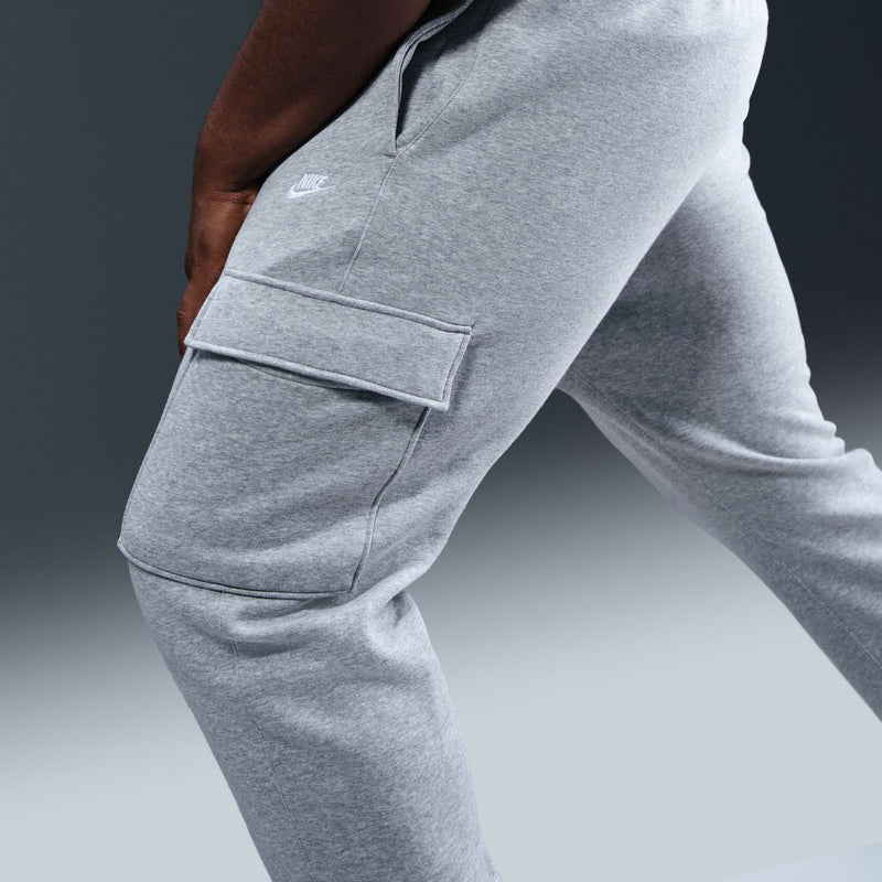 Men's grey heather fleece cargo pants with drawstring waist and side cargo pocket
