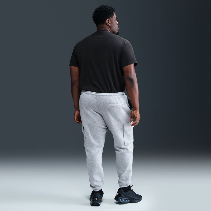 Men's grey heather fleece cargo pants, rear view, drawstring waist and cargo pocket
