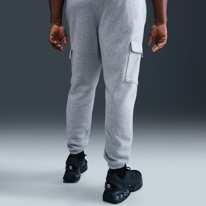 Men's grey heather fleece cargo pants with side cargo pockets and drawstring ankles