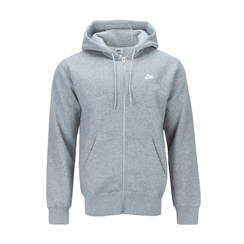 Men's grey heather zip-front fleece hoodie with Nike logo, hood, and front zipper