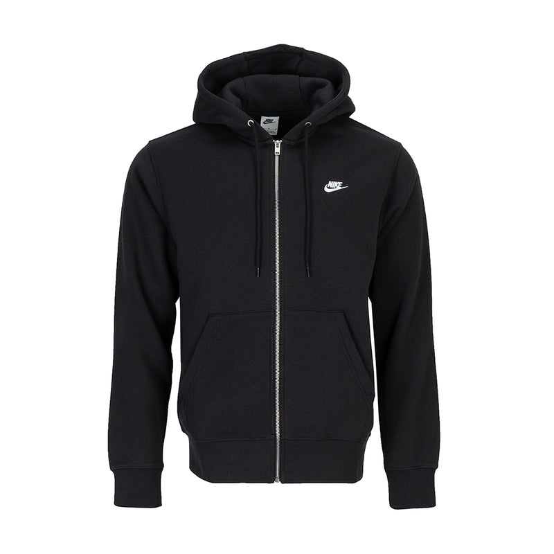 Men's black zip-front fleece hoodie with hood, kangaroo pocket, and Nike logo