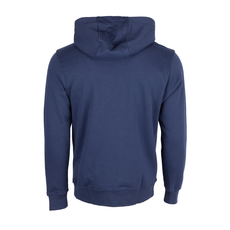 Navy men’s zip-up fleece hoodie with attached hood and full back view