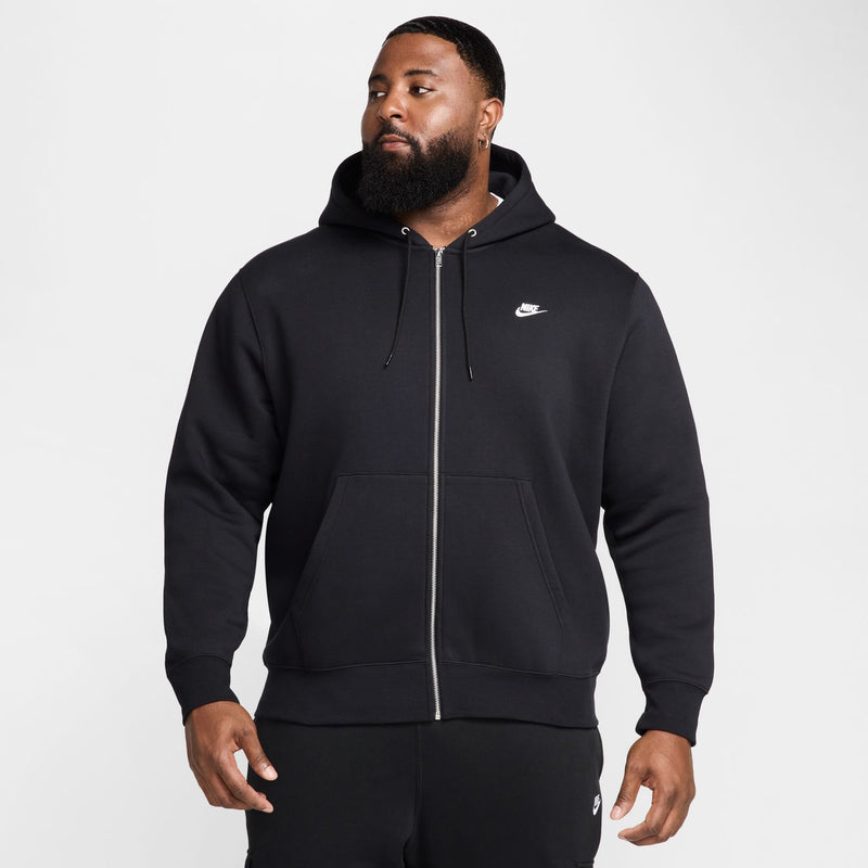 Men's black zip-front fleece hoodie with hood, kangaroo pocket, and Nike chest logo