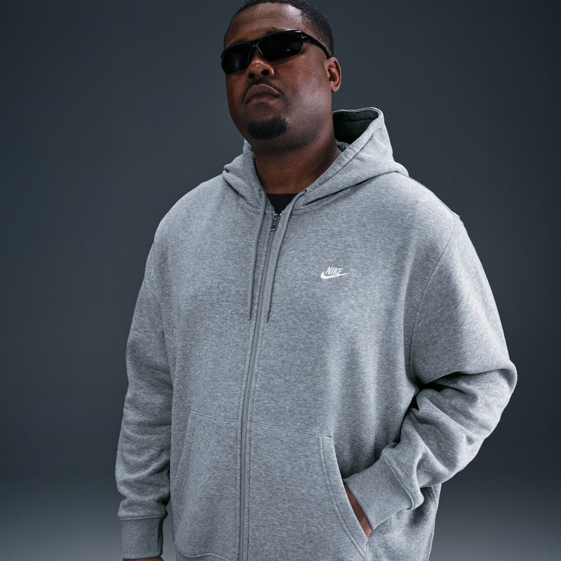Men's grey heather zip-front fleece hoodie with hood and Nike logo on chest