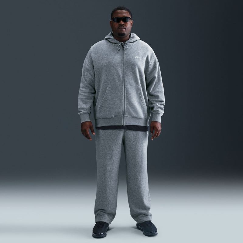 Men's grey heather zip-front fleece hoodie with hood, full zip, and Nike chest logo