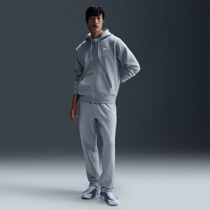 Men's grey heather zip-front fleece hoodie with hood, worn with matching joggers; front view