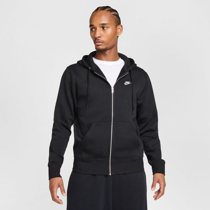 Men's black zip-front fleece hoodie with hood, zipper, kangaroo pocket, and Nike logo
