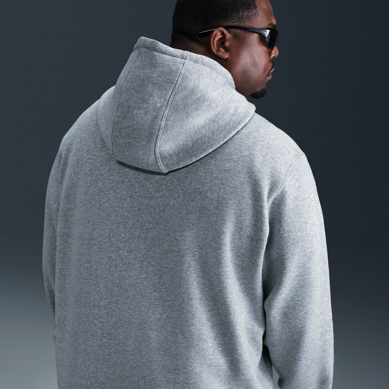 Men's grey heather zip-front fleece hoodie with hood, side/back view