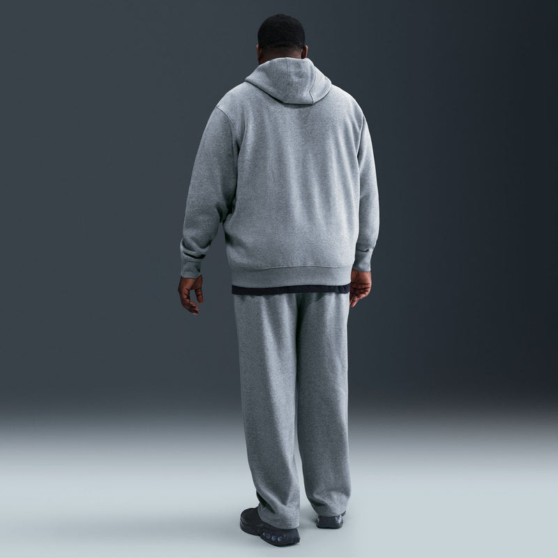 Men's grey heather zip-front fleece hoodie, rear view showing hood and straight hem