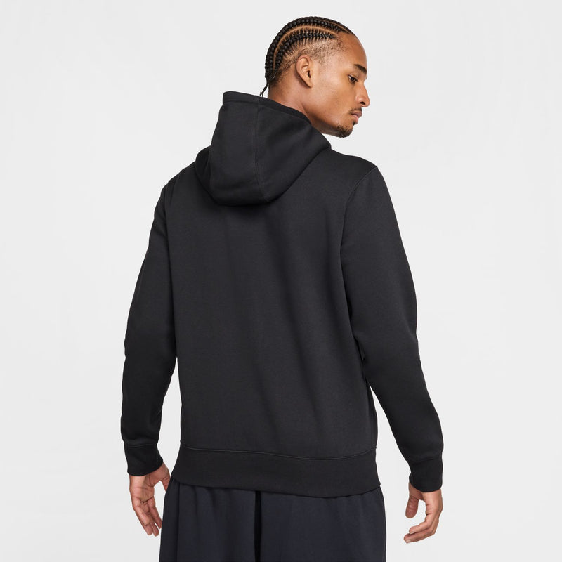 Men's black zip-front fleece hoodie with hood and adjustable drawstrings, rear side view