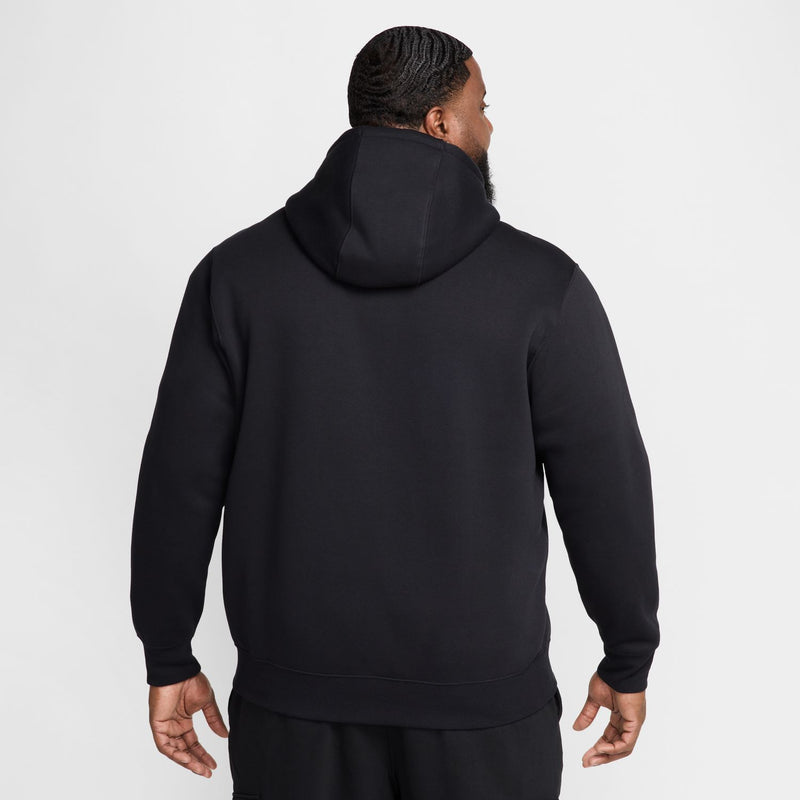 Men's black zip-front fleece hoodie rear view with hood and hem band